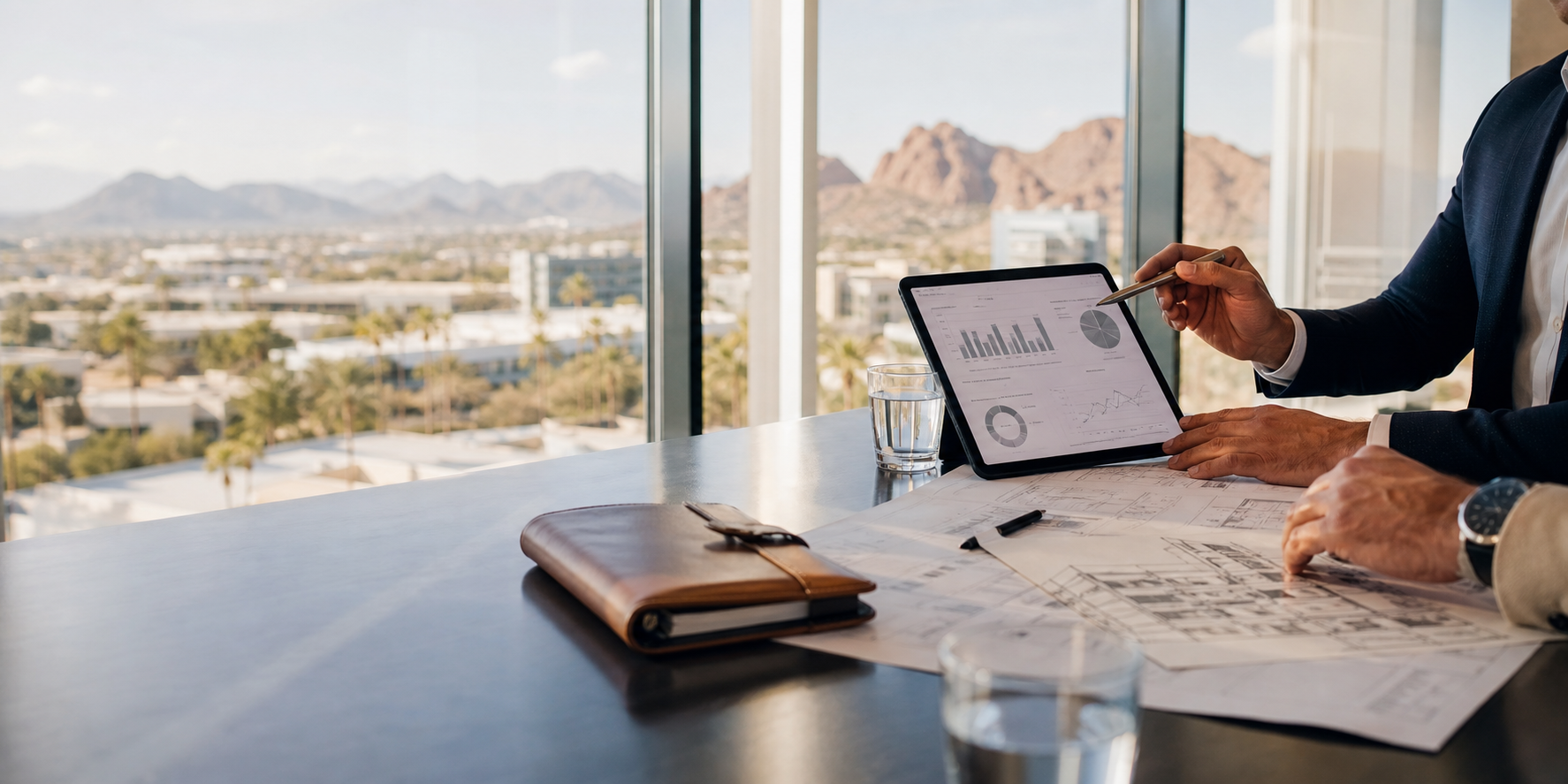 Phoenix executive consulting meeting with strategy dashboard and city view